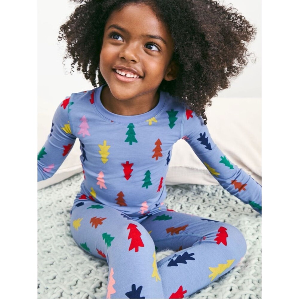 Hanna Andersson Holiday Hannasoft Pajama Set | Festive Forest Slate Blue | 12